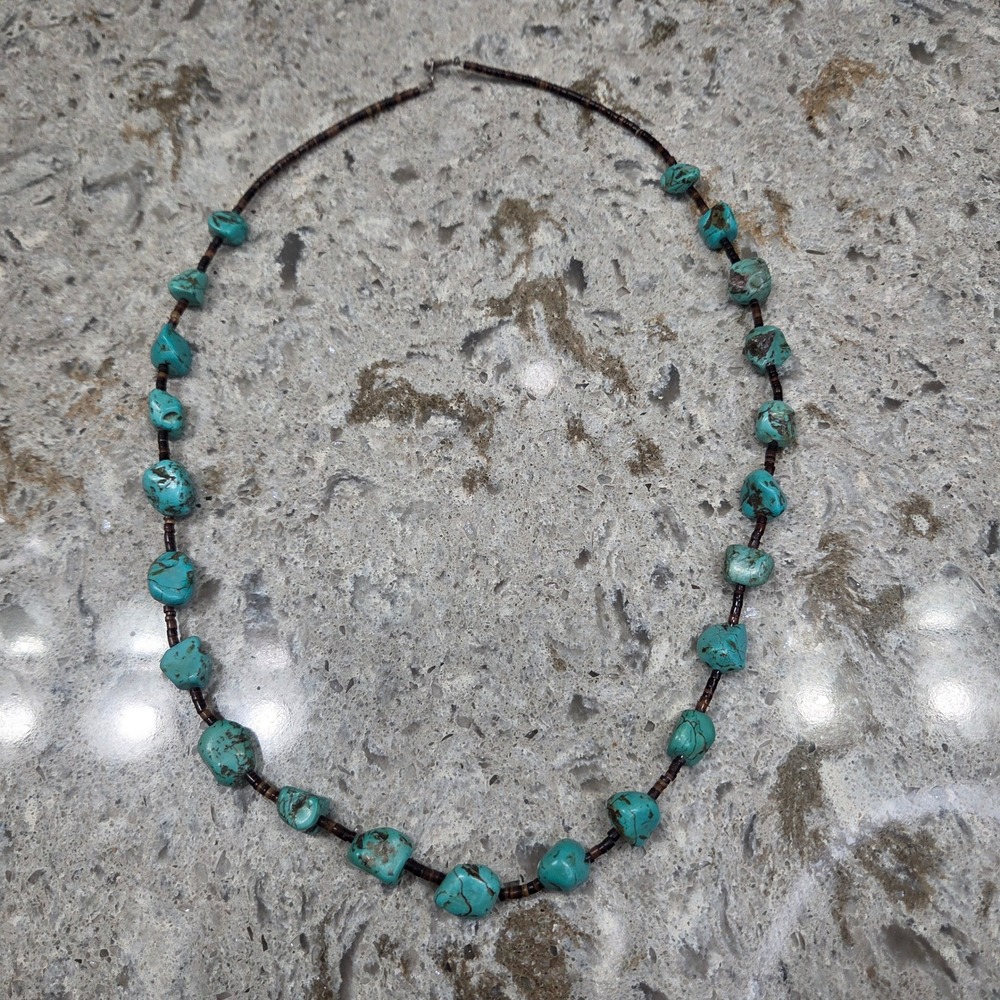 Vintage Turquoise Nugget Heishi Bead Necklace Southwestern Boho Blue Green 24in